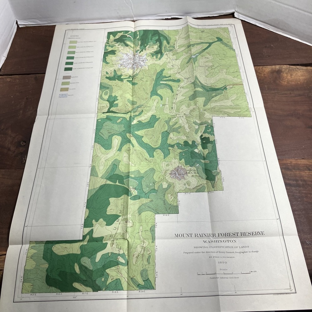 Vintage 1899 Mount Rainier Forest Reserve Map Washington USGS Julius Bien Plumme